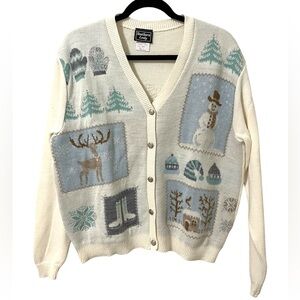 Southern Lady Size L White Winter Novelty Christmas Cardigan Cottagecore Grandma